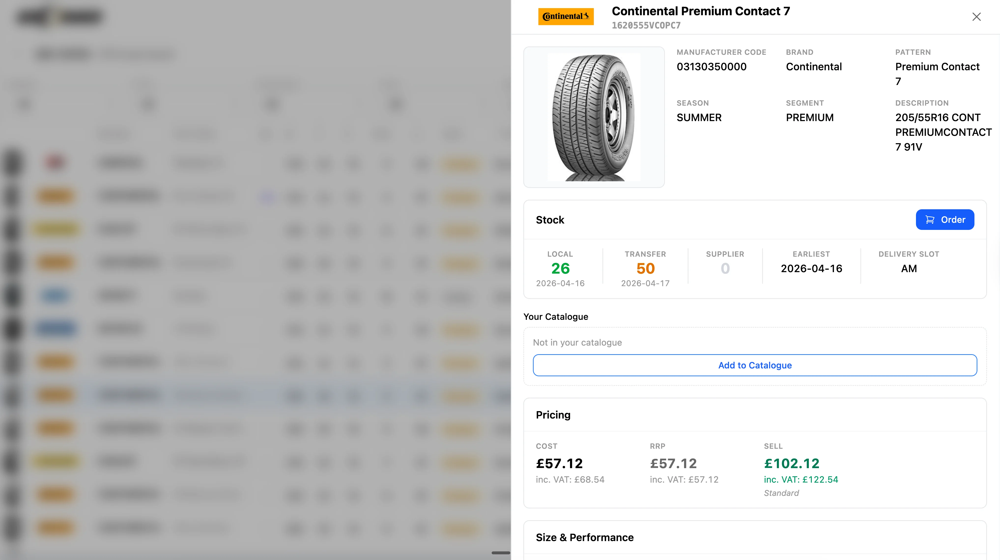 Bond International tyre detail panel showing brand, pattern, stock, delivery timing, and pricing