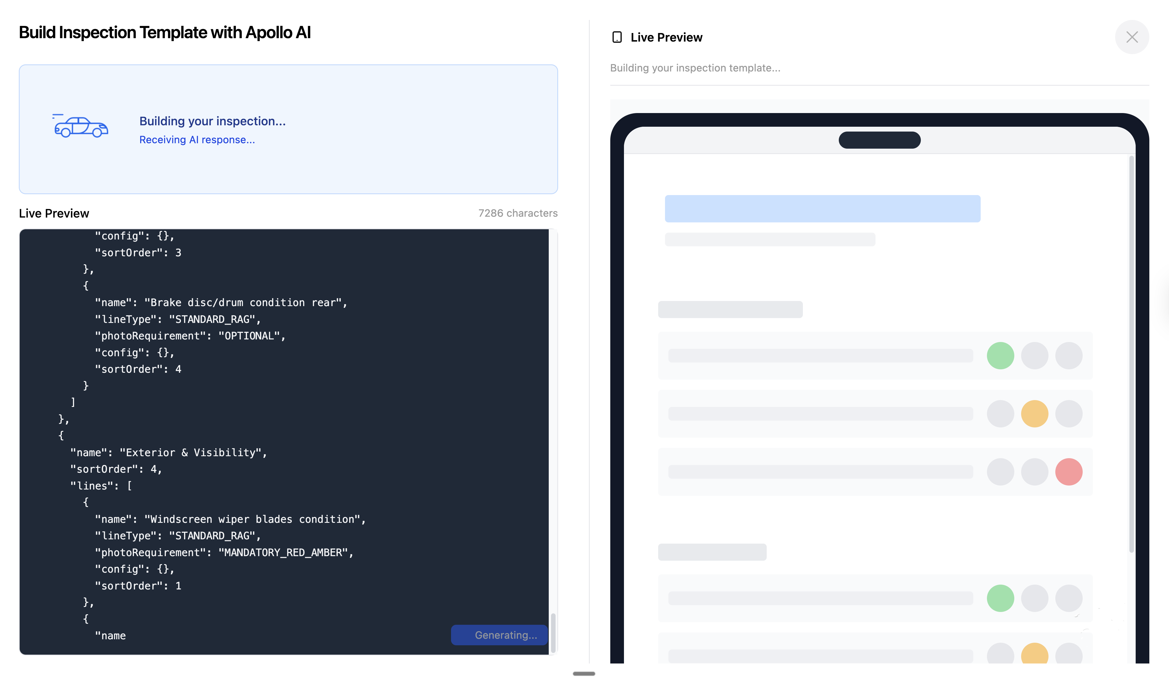 Apollo AI building an inspection template with a live preview inside LaunchControl
