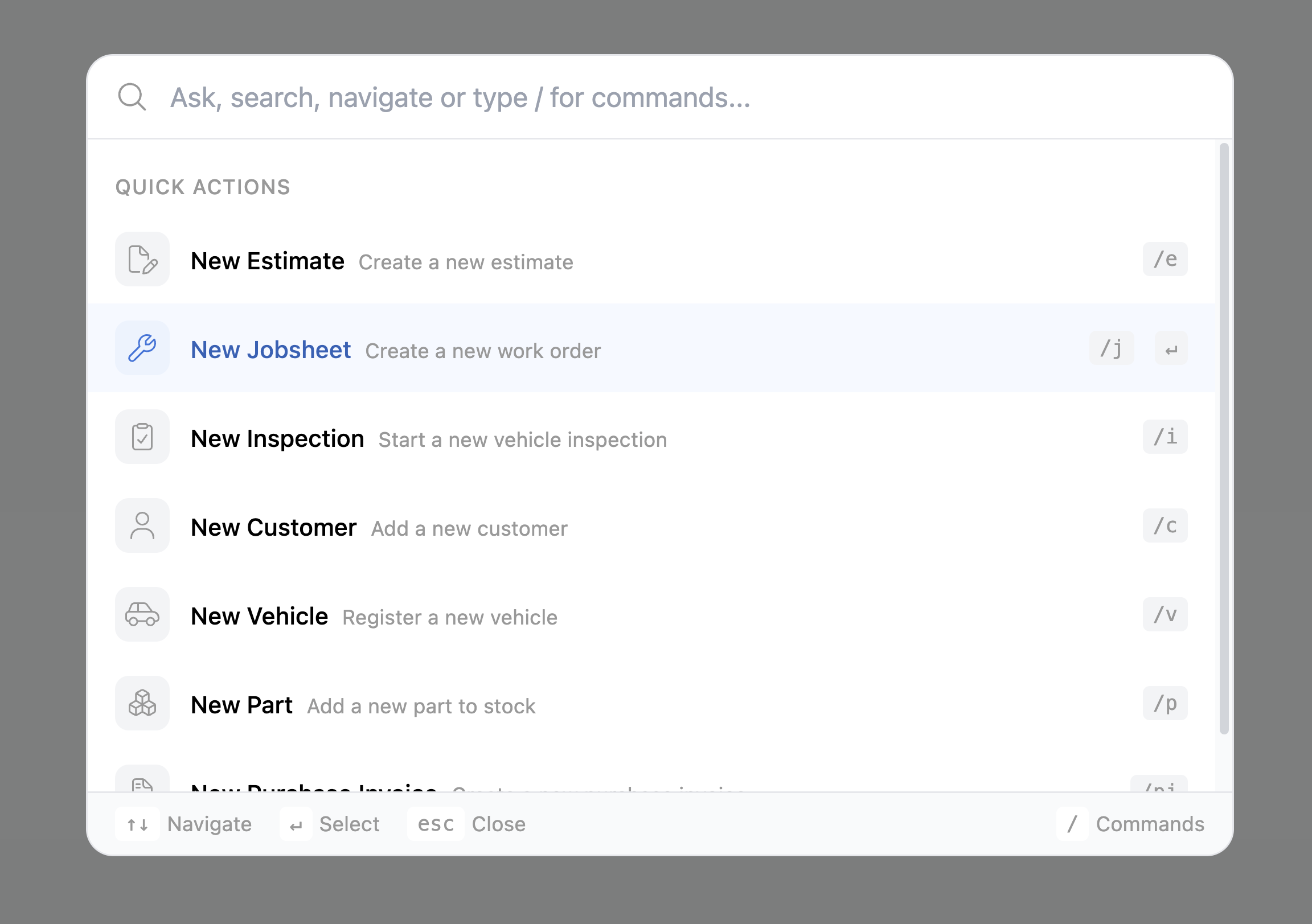 Apollo smart search inside LaunchControl showing quick actions and jobsheet creation