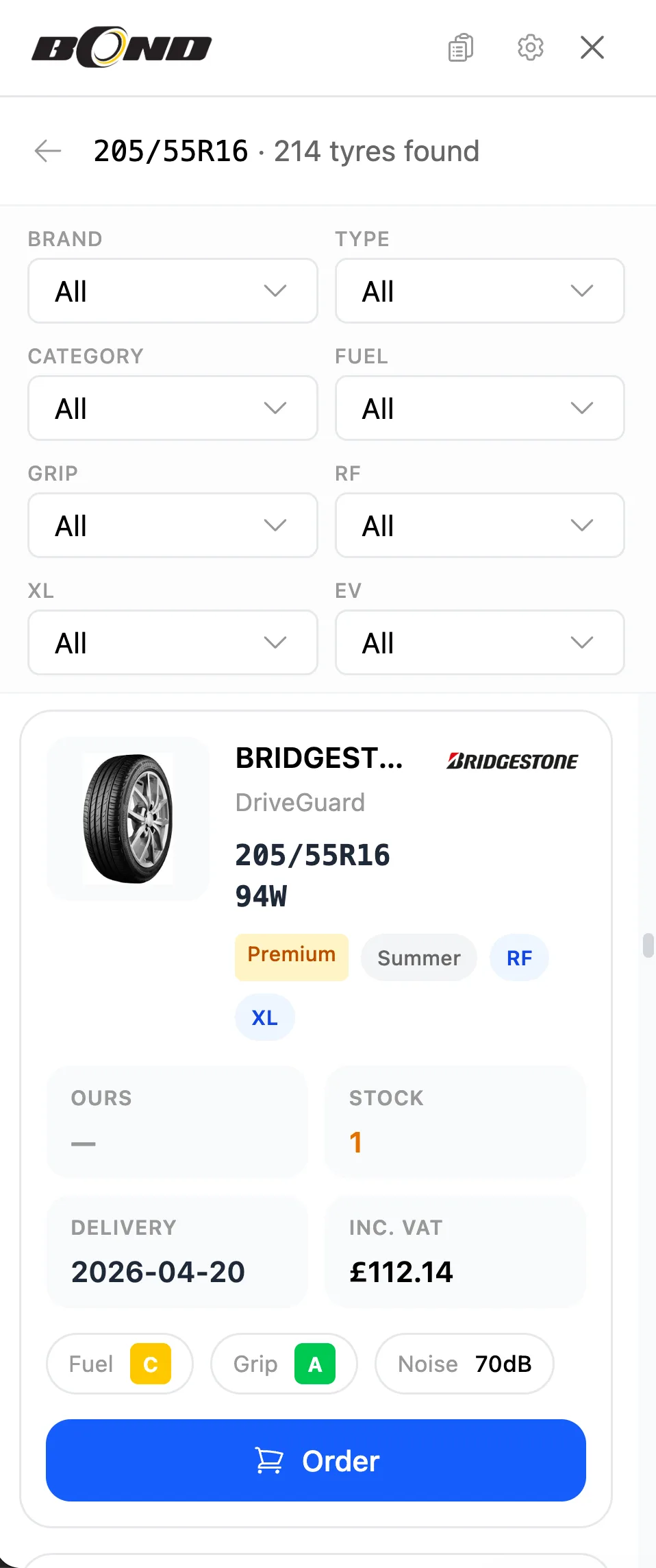 Mobile customer tyre search showing filters, results, and add to basket for online tyre booking
