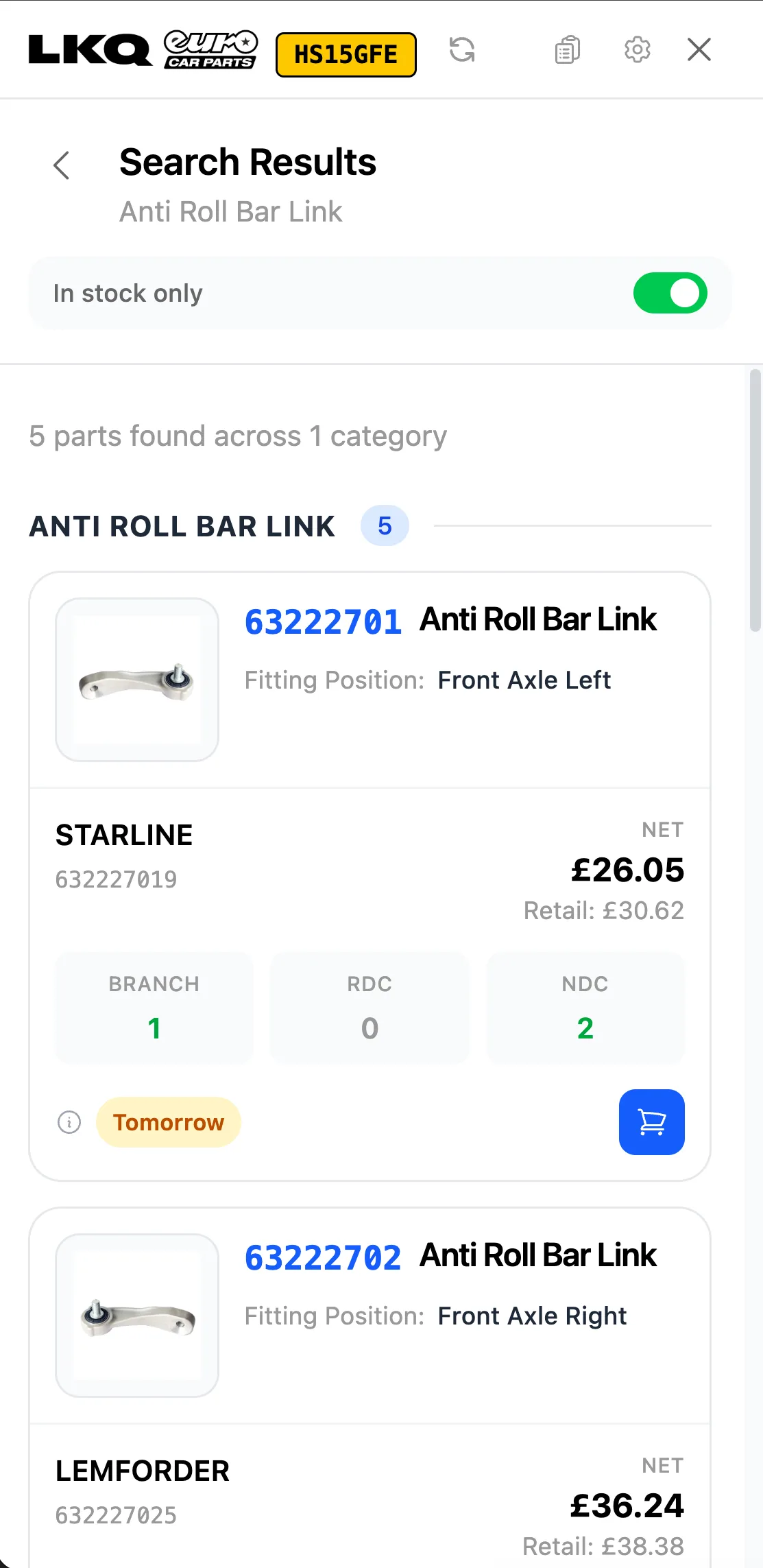LKQ Euro Car Parts mobile search results inside LaunchControl showing stock and pricing for anti roll bar links
