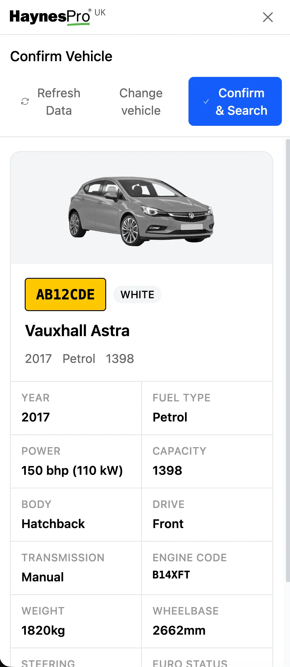 HaynesPro vehicle confirmation on mobile