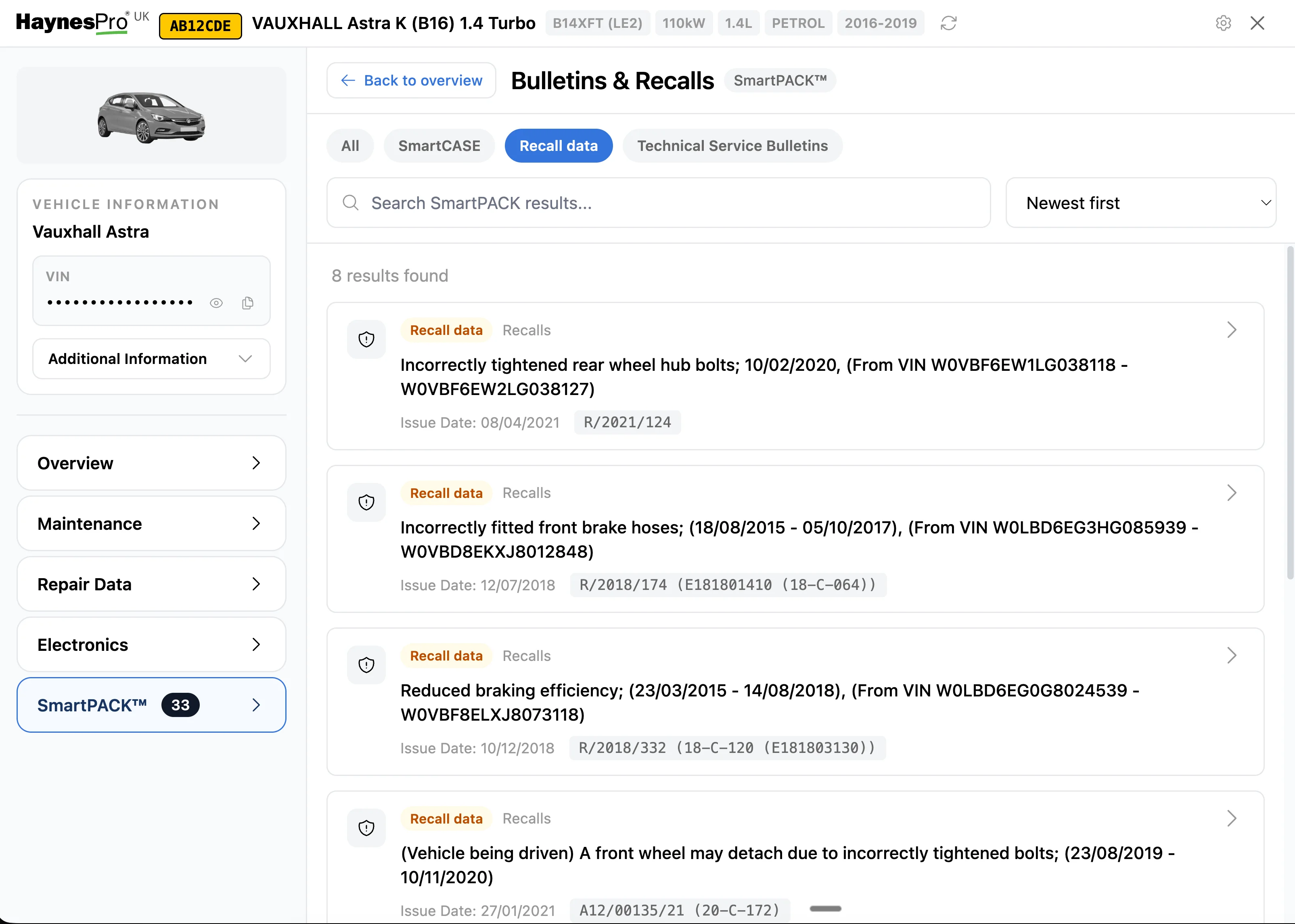 HaynesPro SmartPACK bulletins and recalls view inside LaunchControl