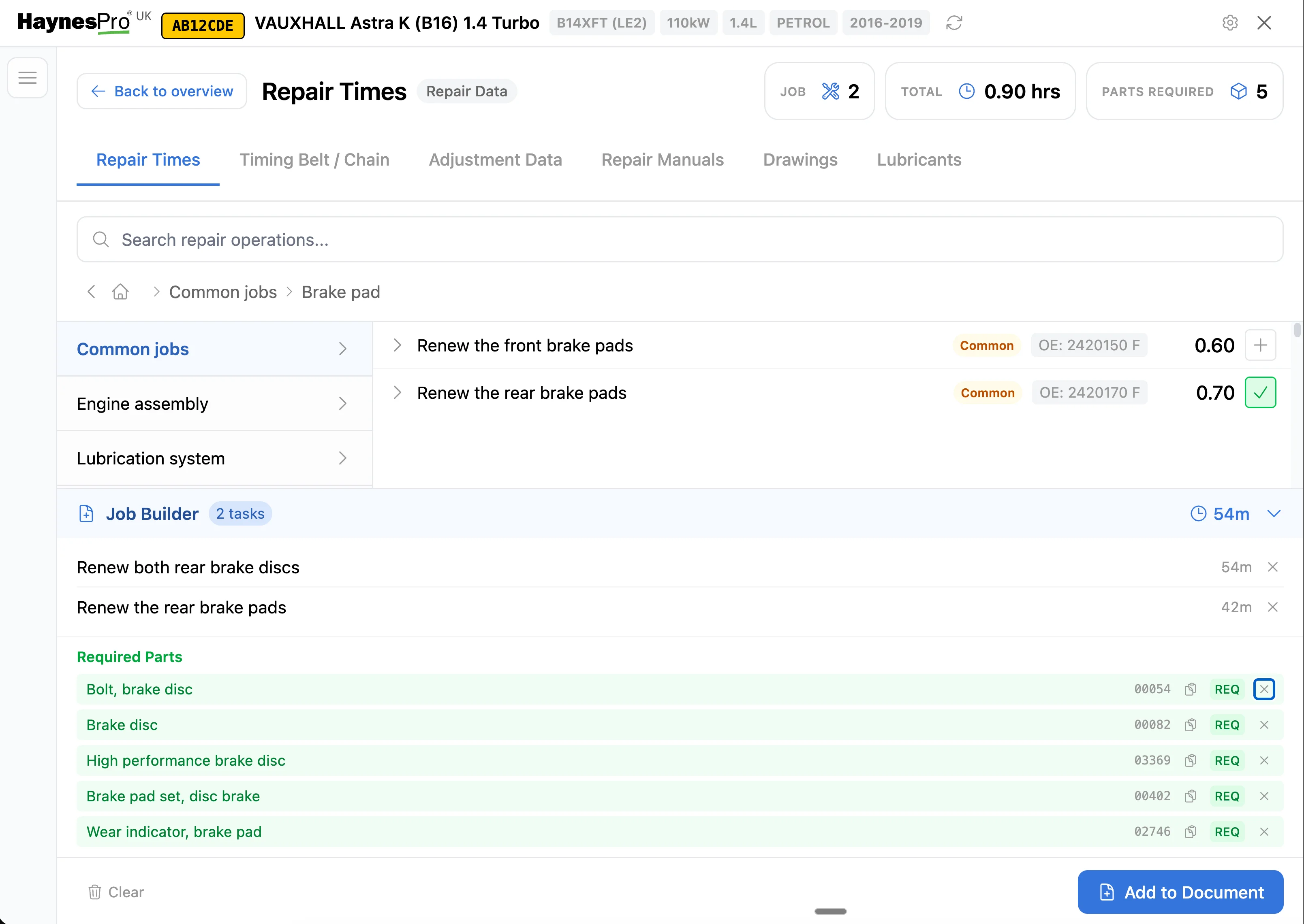 HaynesPro repair times and job builder view inside LaunchControl
