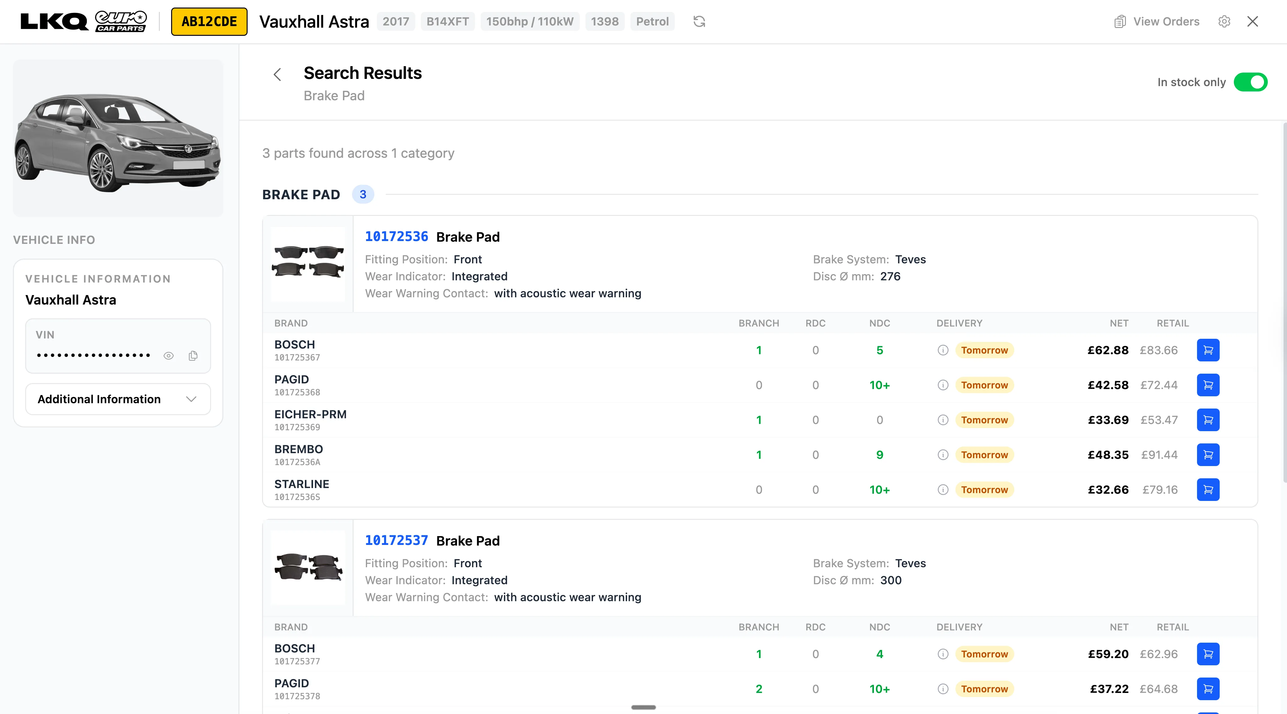 LKQ Euro Car Parts brake pad results showing branch stock, delivery timing, and pricing