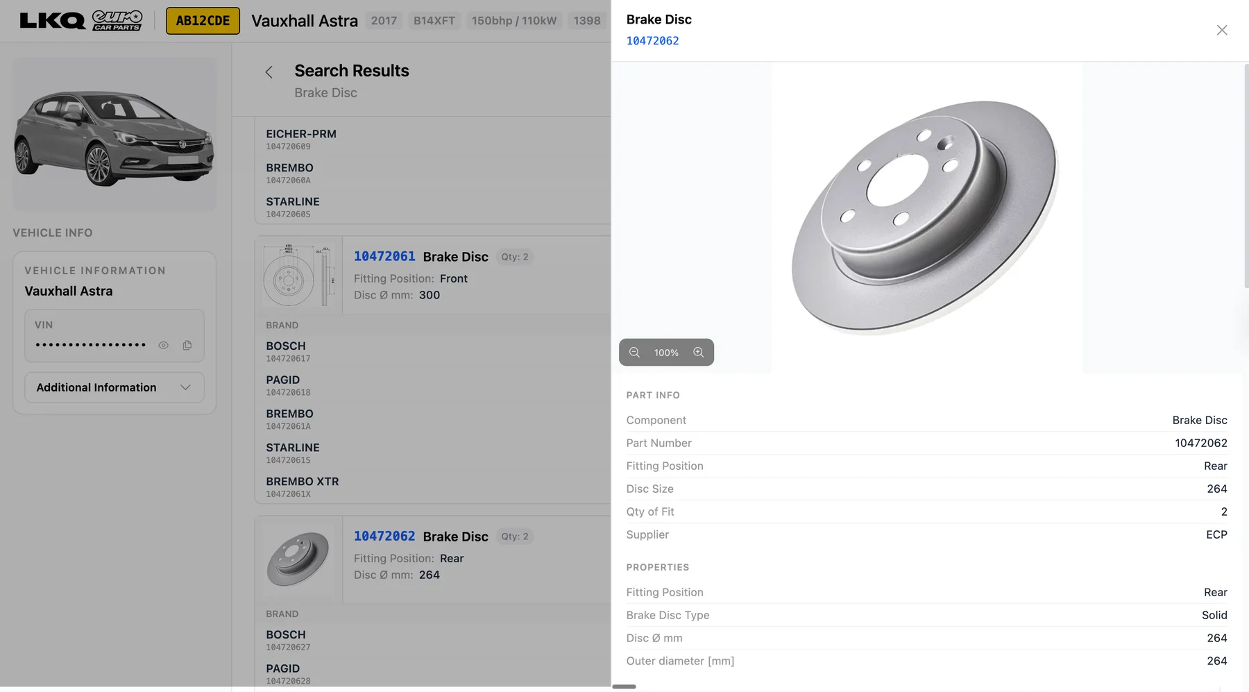 LKQ Euro Car Parts brake disc detail panel showing fitment and component properties