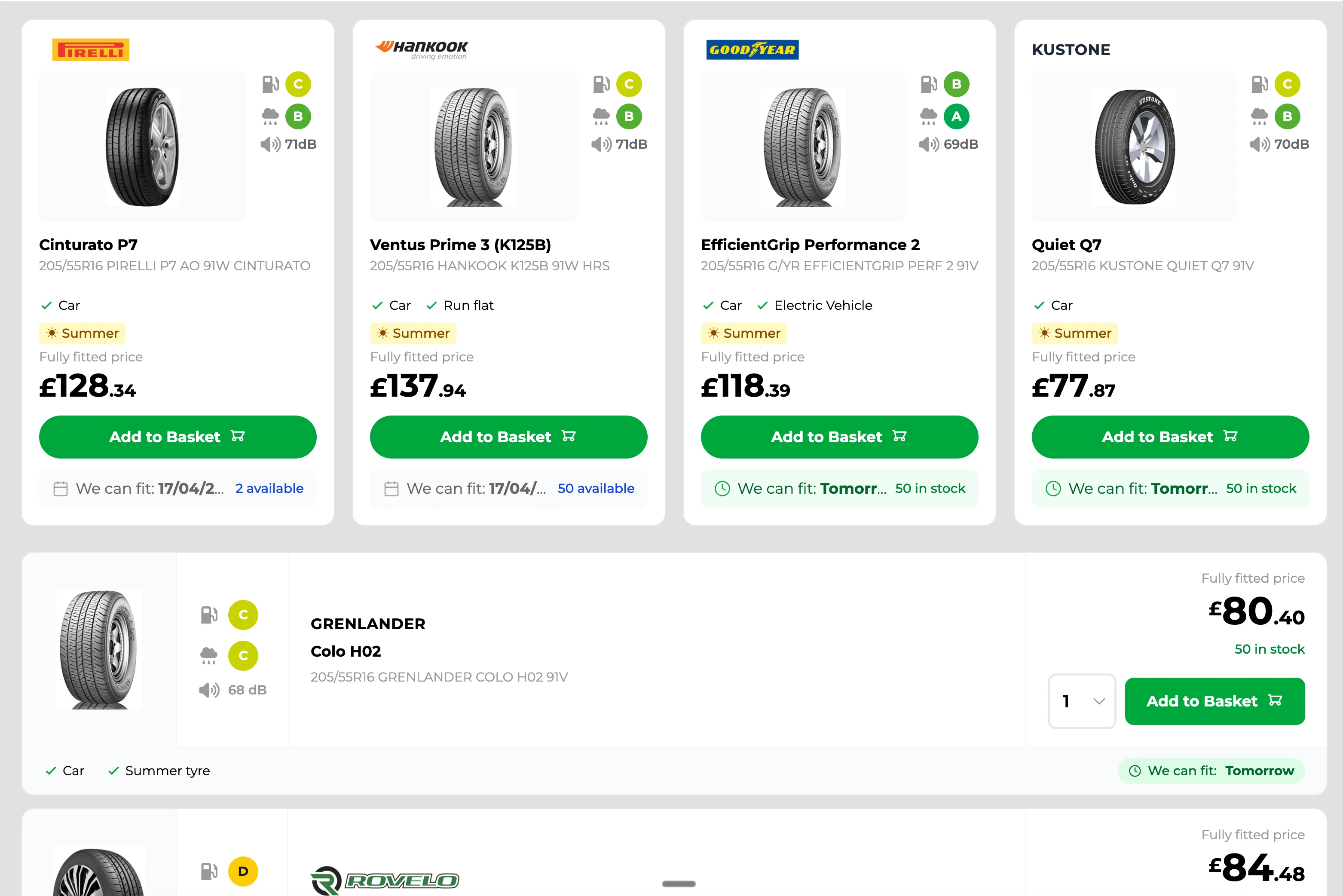 LaunchBay online tyre ordering showing customer-facing tyre cards, pricing, and add-to-basket options