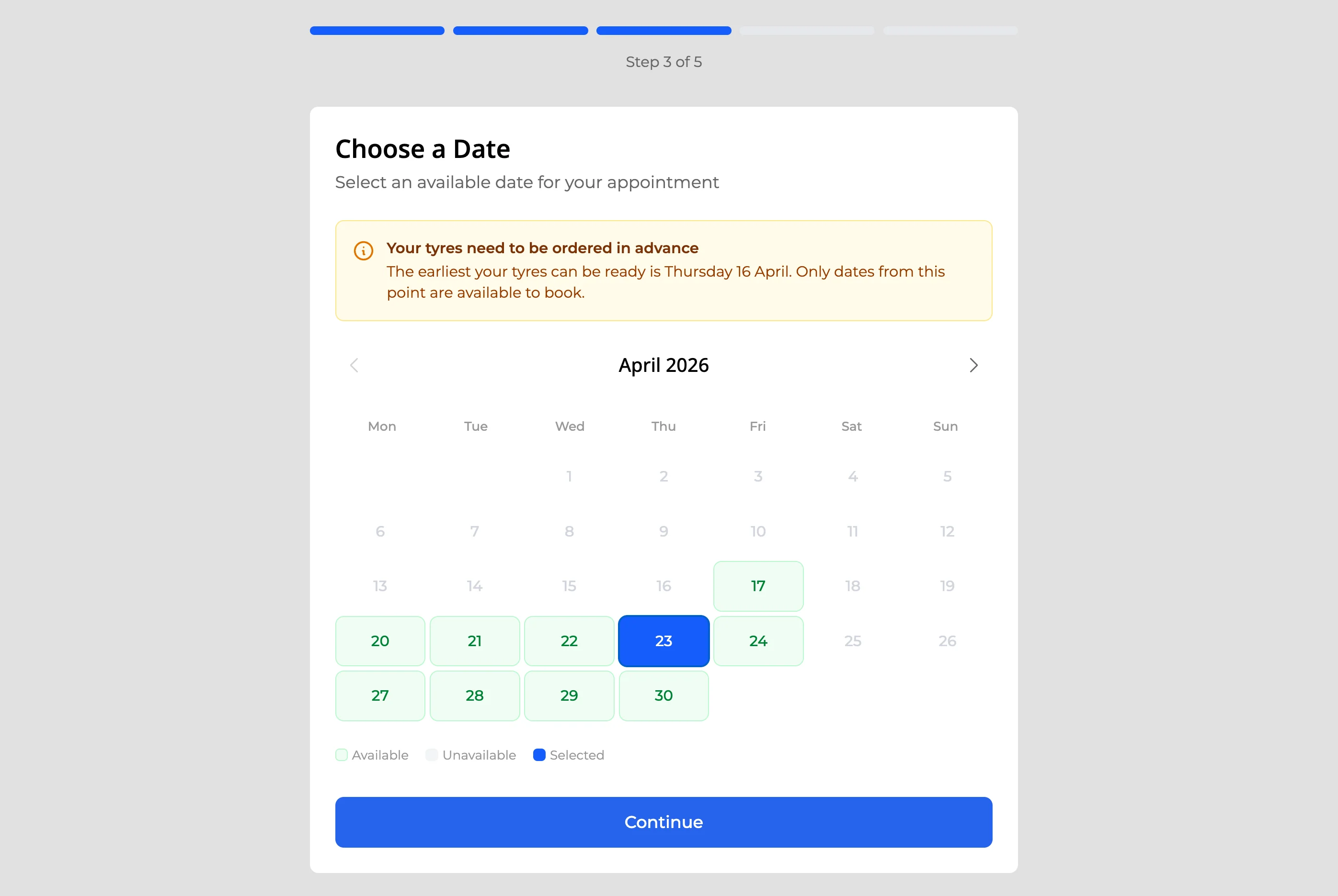 LaunchBay date picker showing available fitting dates once tyres are ordered in advance